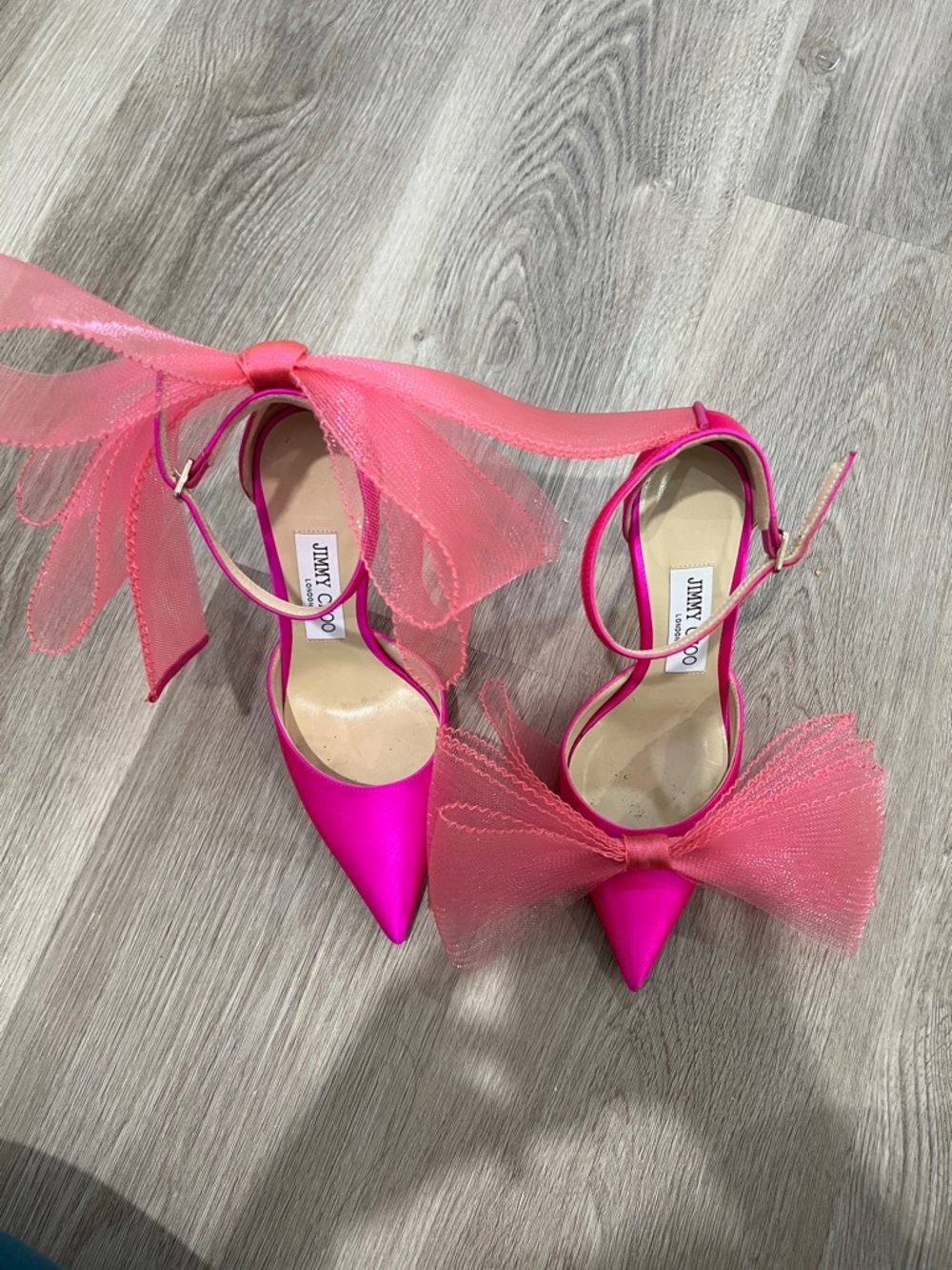 Jimmy Choo Hot Pink Satin Pointed-Toe Tulle Bow Ankle-Strap Pumps - Picture 4 of 7